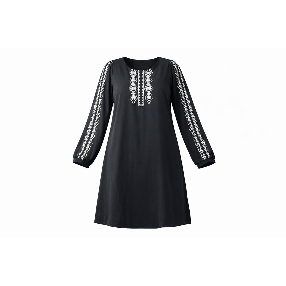 Black Boho Embroidered Tunic Dress Long Sleeve Folk Peasant Shift Dress Womans L